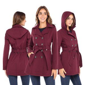 NWT DOUBLE BREASTED HOODED SOFT SHELL JACKET (XL / BURGUNDY)